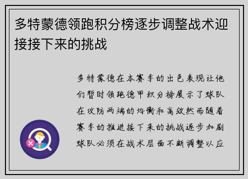 多特蒙德领跑积分榜逐步调整战术迎接接下来的挑战